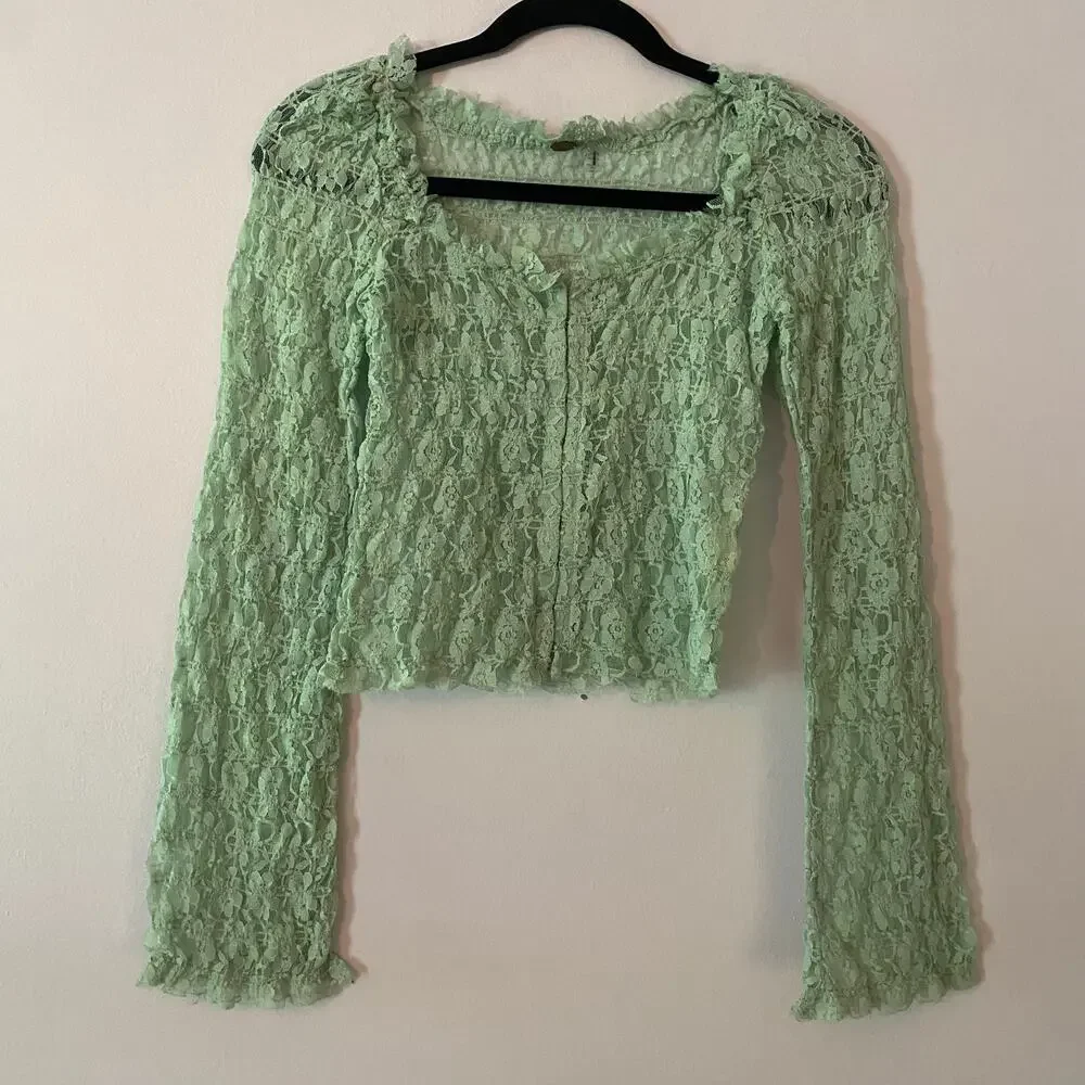 Free People Mint Green Lace Sheer Long Sleeve Cropped Bodice Top Women's size XS
